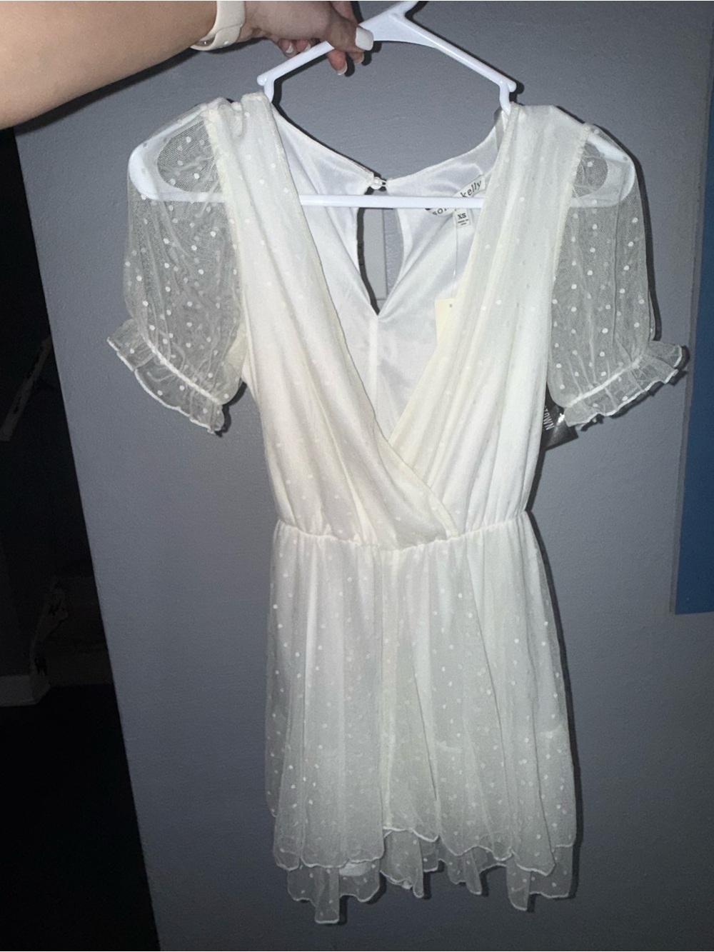 White Swiss Dot Wrap Mini Dress with Puff Sleeves